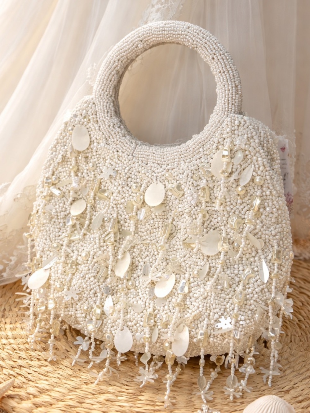 NWT - Eye Catching Viral White Beaded Sequin Handbag with Round Handles